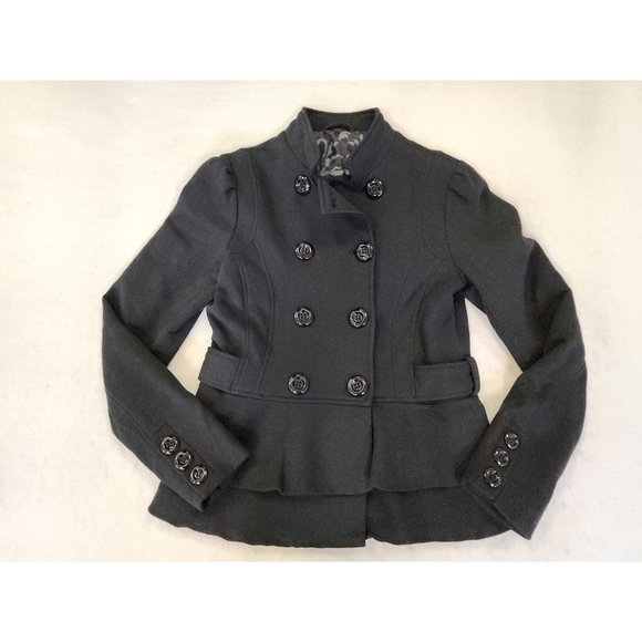 Honee Dress Coat Jacket M Full Zip Black Double Breasted Peplum Hem Mock Collar - Picture 1 of 10